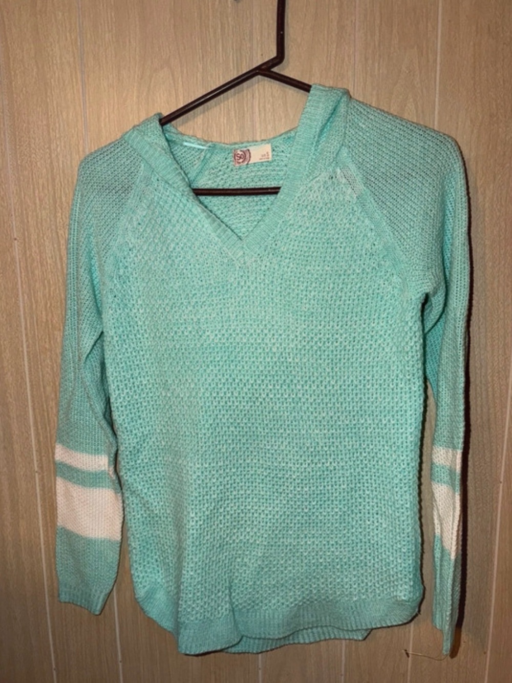 Heritage Mint V-Neck Knit Sweater with White Sleeve Stripes